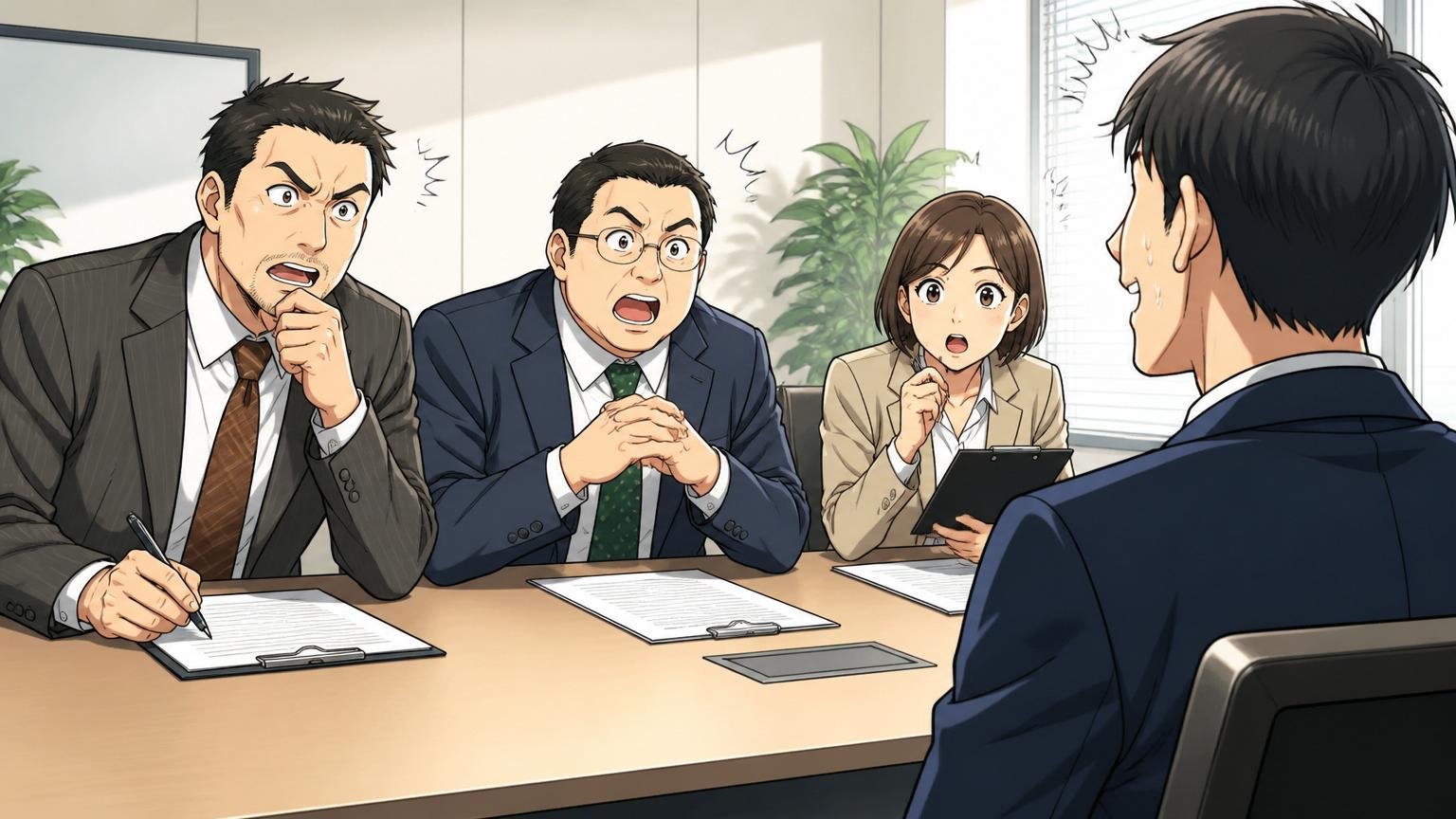 企業の会議室で面接官3名と中途応募者1名が向かい合って対話する場面