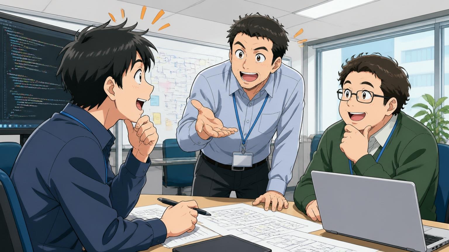 客先常駐の働き方を理解するエンジニア。SIerの開発現場で常駐先のオフィスにエンジニア3人が出向いてミーティング