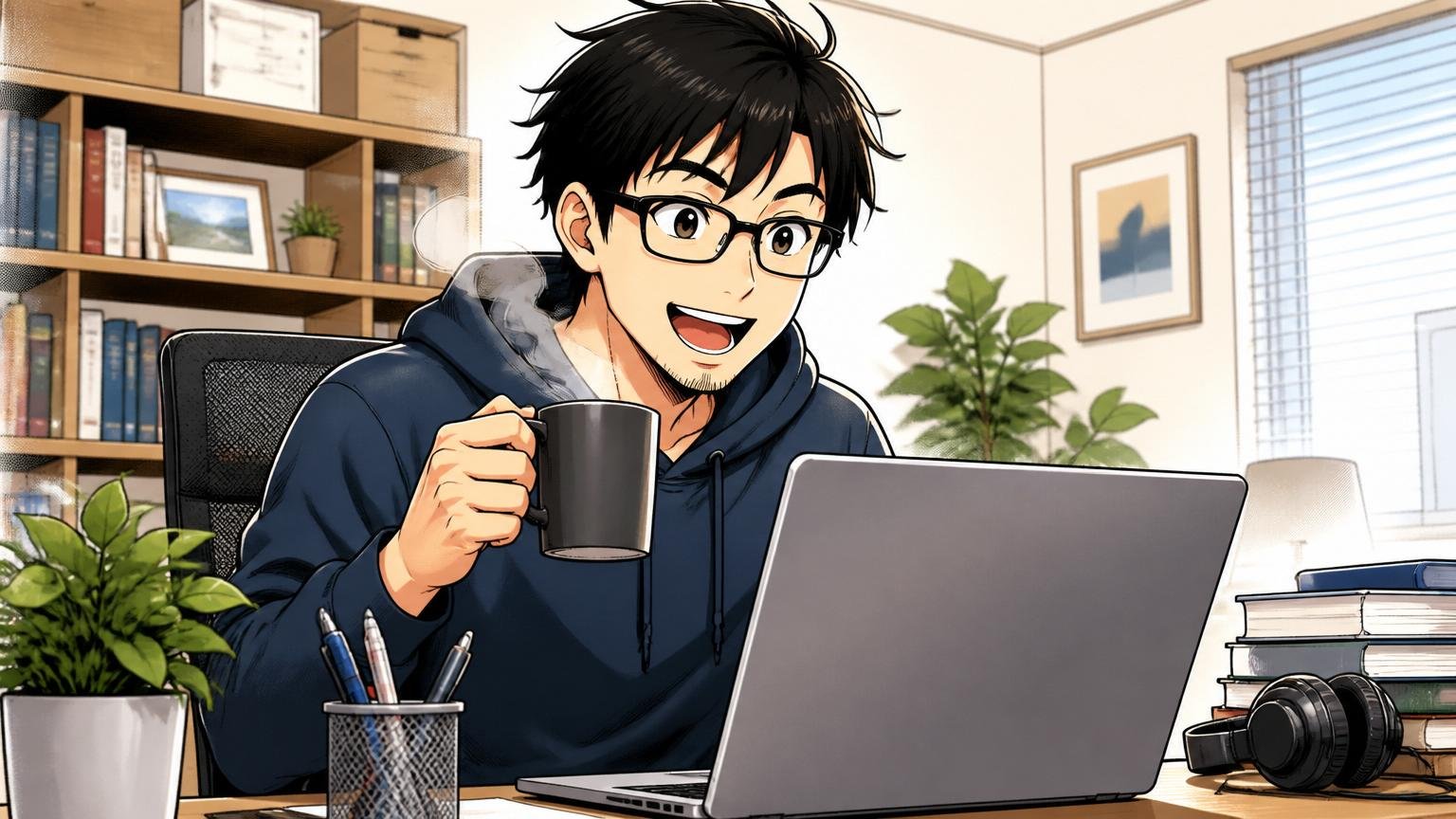 自宅のデスクでリモートワーク中にコーヒーを飲みながら笑顔でPCに向かう30代エンジニア1人