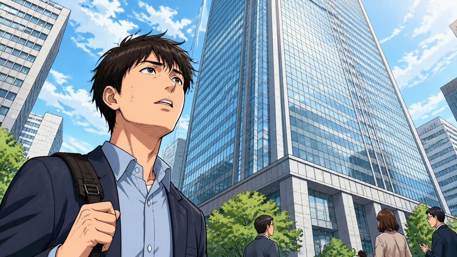 ビジネス街の高層ビル群を背景に、親会社の本社ビルを見上げる子会社所属の30代エンジニア男性、複雑な表情。
