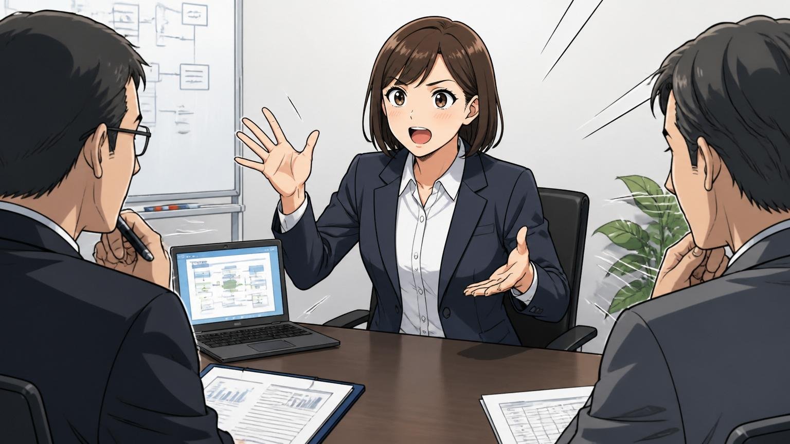 面接官に自分の実績を説明するエンジニア。SIerの会議室で面接を受ける30代女性が身振りを交えて懸命に話す