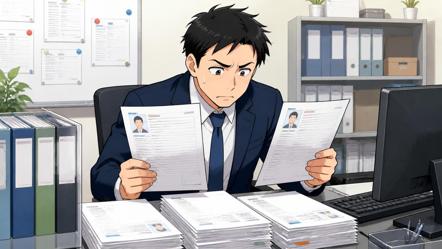企業側の事情もある。SIerのオフィスで採用担当が複数の応募書類を見比べて悩む表情