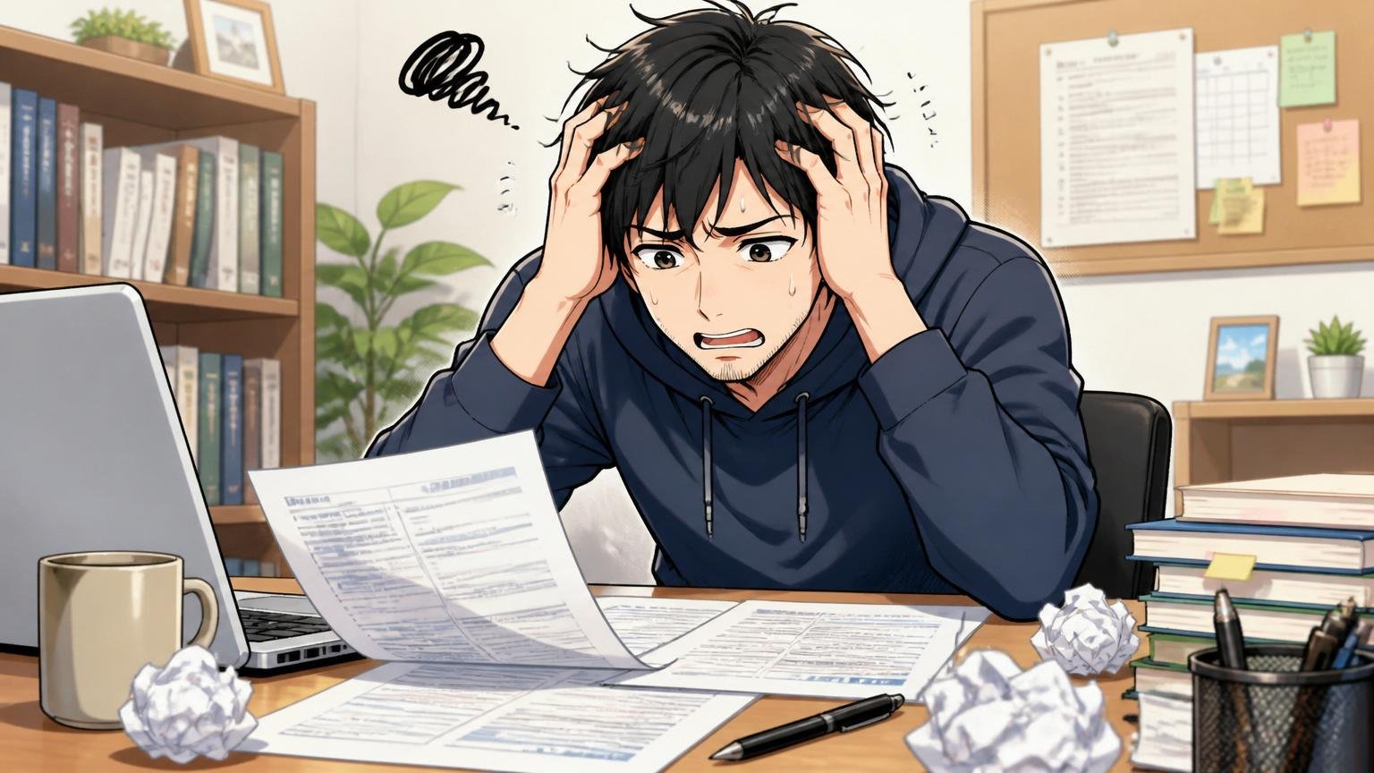 自宅のデスクで30代エンジニアが職務経歴書を書き直しながら、悩ましい表情で頭を抱えている