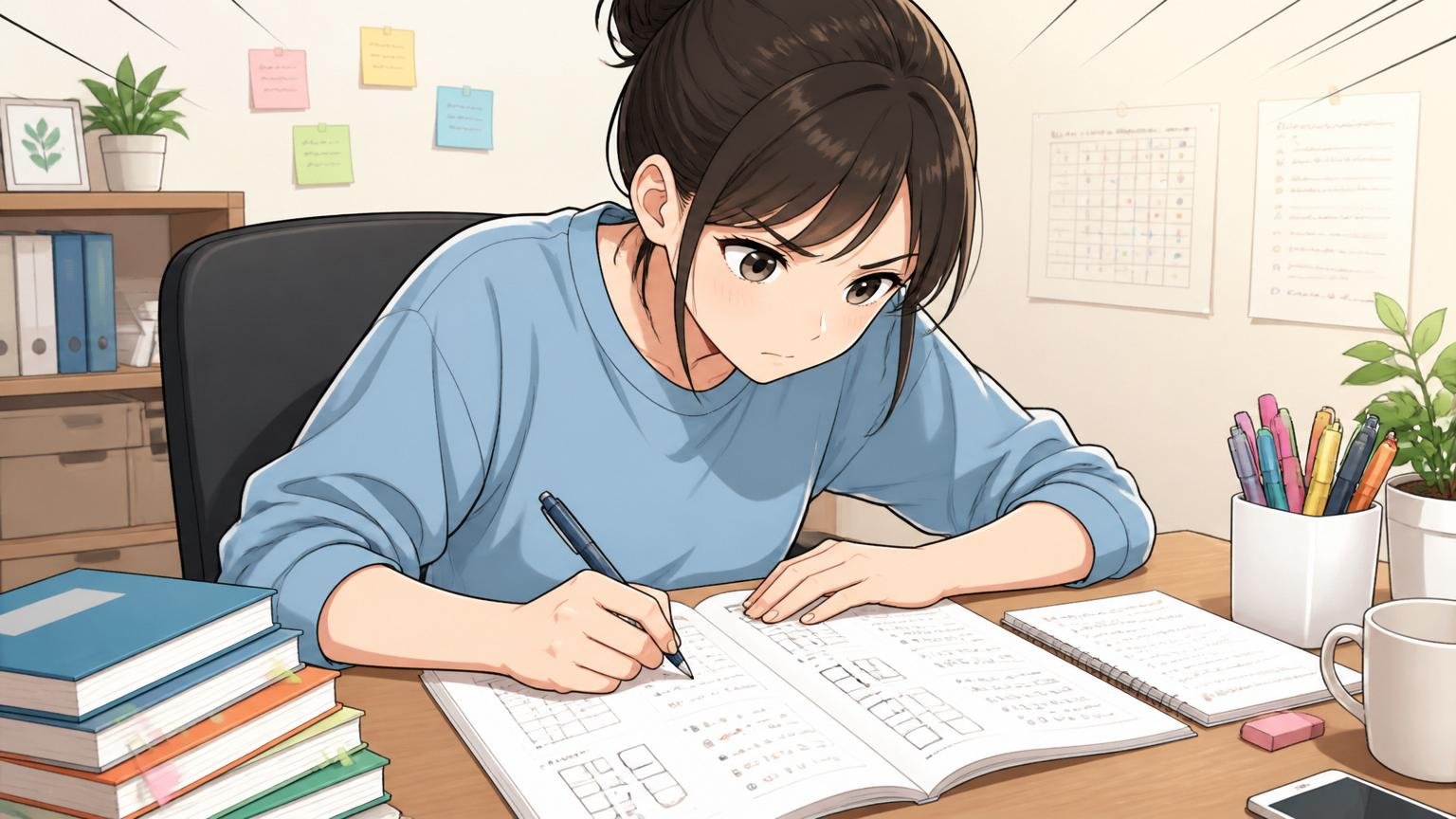 自宅のデスクで適性検査の対策問題に取り組む求職者、在宅勤務の20代女性が筆記テストを解く真剣な様子