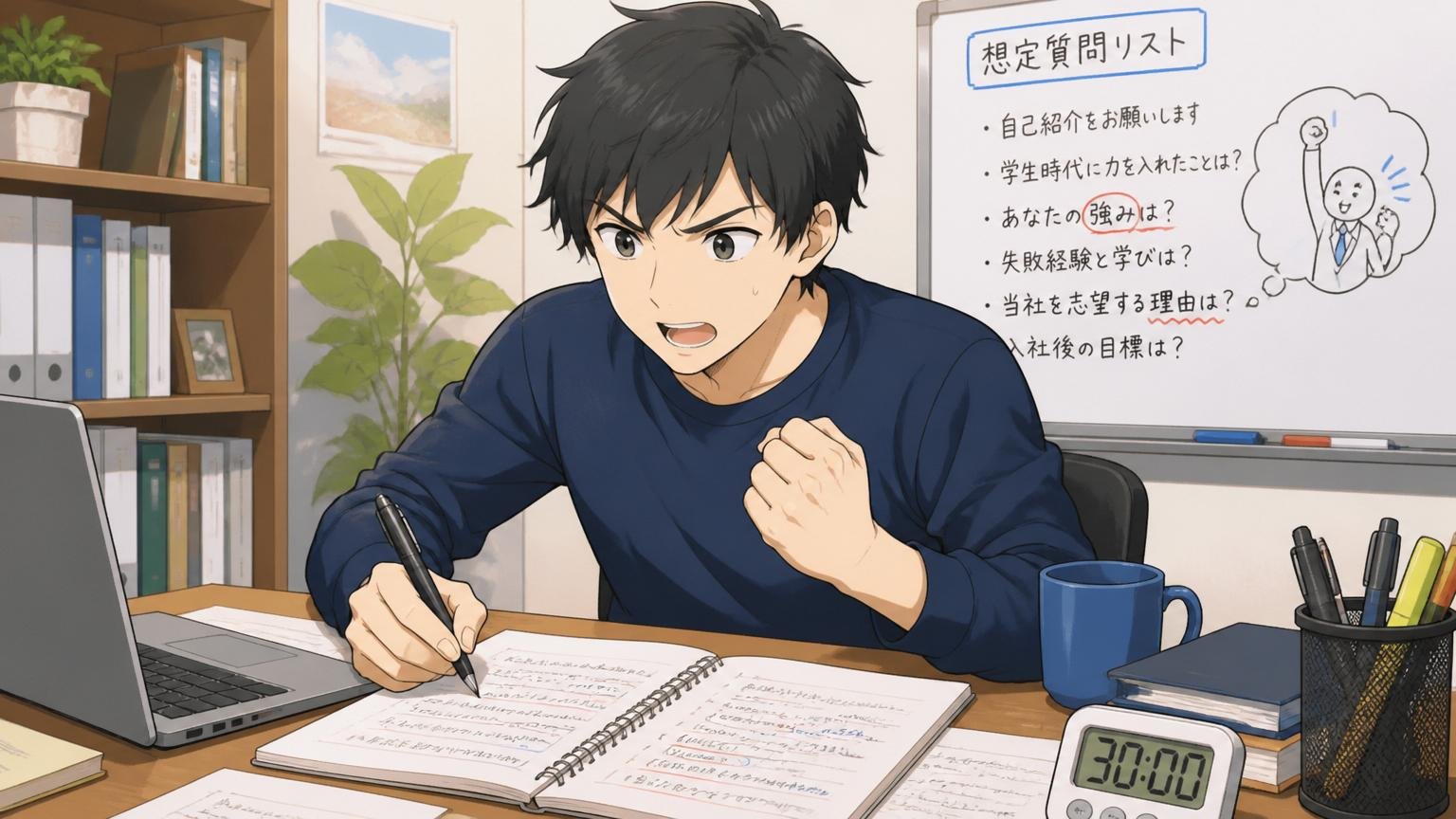 自宅のデスクで面接の想定質問を書き出して練習する20代の応募者