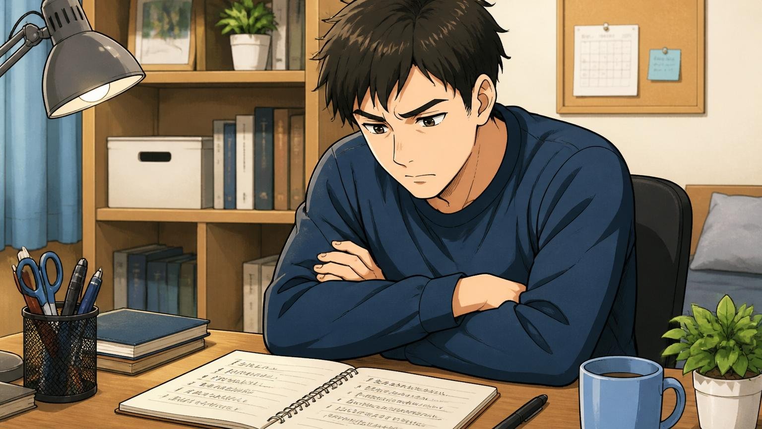 面接の反省点をノートに書き出して振り返る男性、自宅のデスク、1人、腕を組み考え込む表情