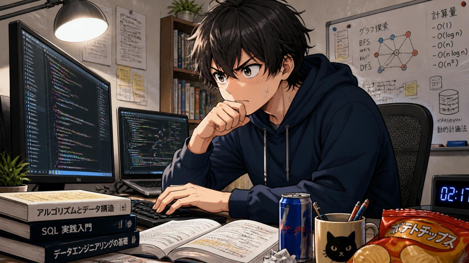 深夜の自宅でコーディングテストの対策をするデータエンジニア志望の男性の場面