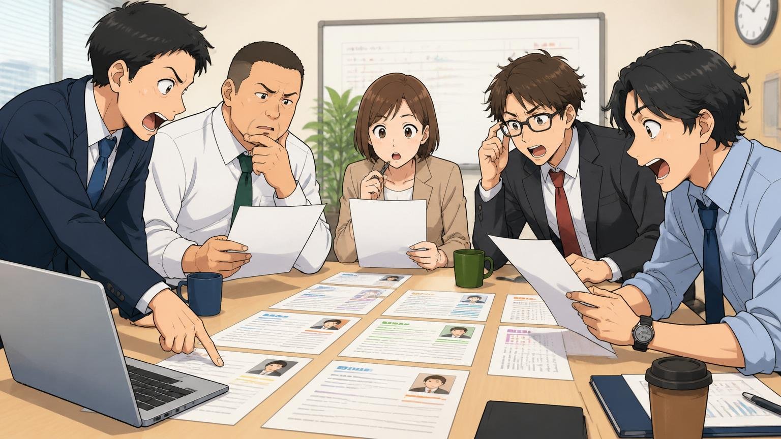 採用枠とタイミング。企業の会議室で複数の候補者の書類を比較する採用担当者たち