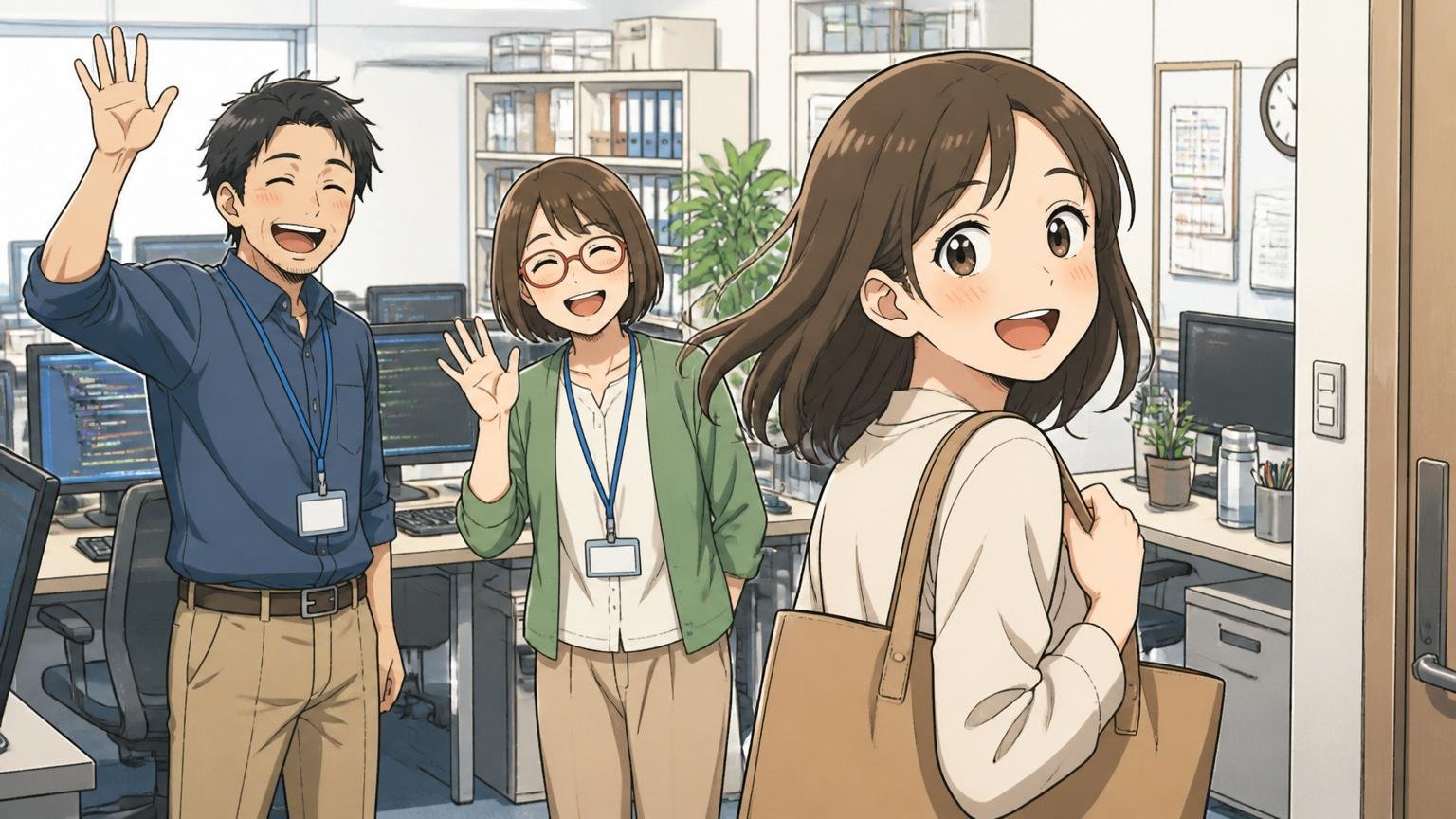 企業のオフィスで時短勤務から帰宅準備をする30代女性エンジニア1人と笑顔で見送る同僚2人の温かい雰囲気