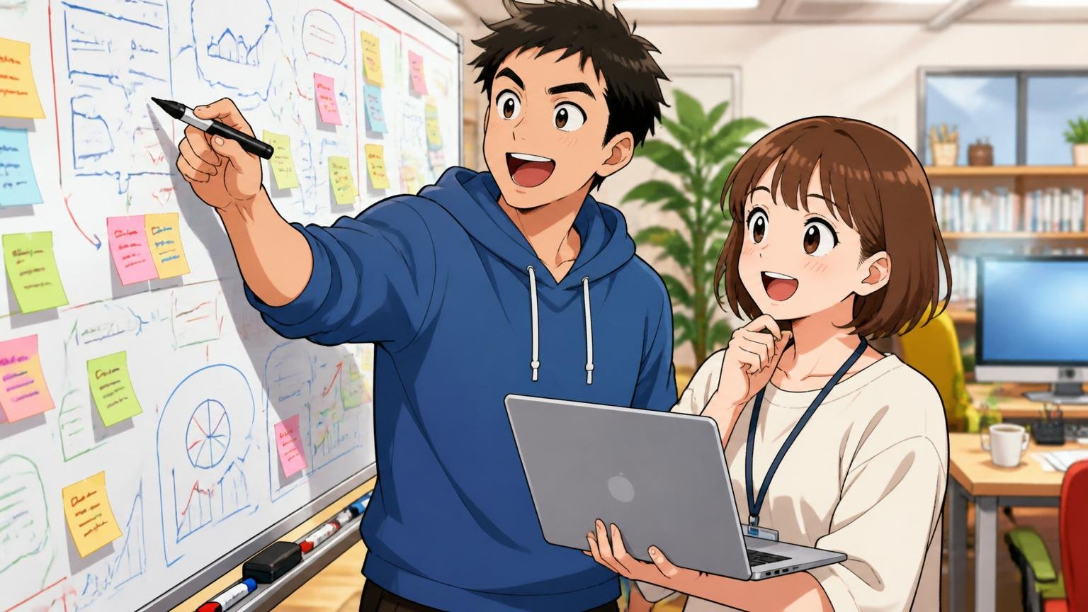 Web系スタートアップのオフィスでホワイトボードに課題を書き出し前向きに整理する男女エンジニア2人
