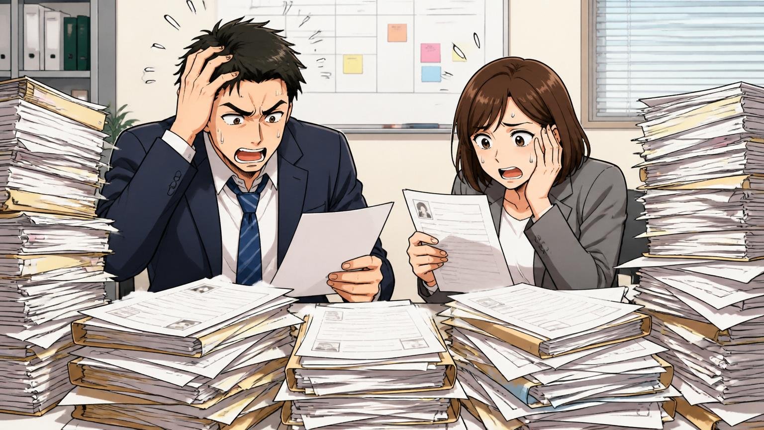 応募者多数や採用枠とのタイミング。企業の会議室で多数の応募書類を前にする採用担当者2人