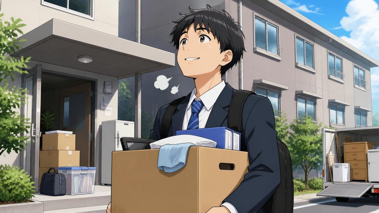 会社の寮の前で引っ越し荷物を運びながらほっとした表情を見せる新入社員1人