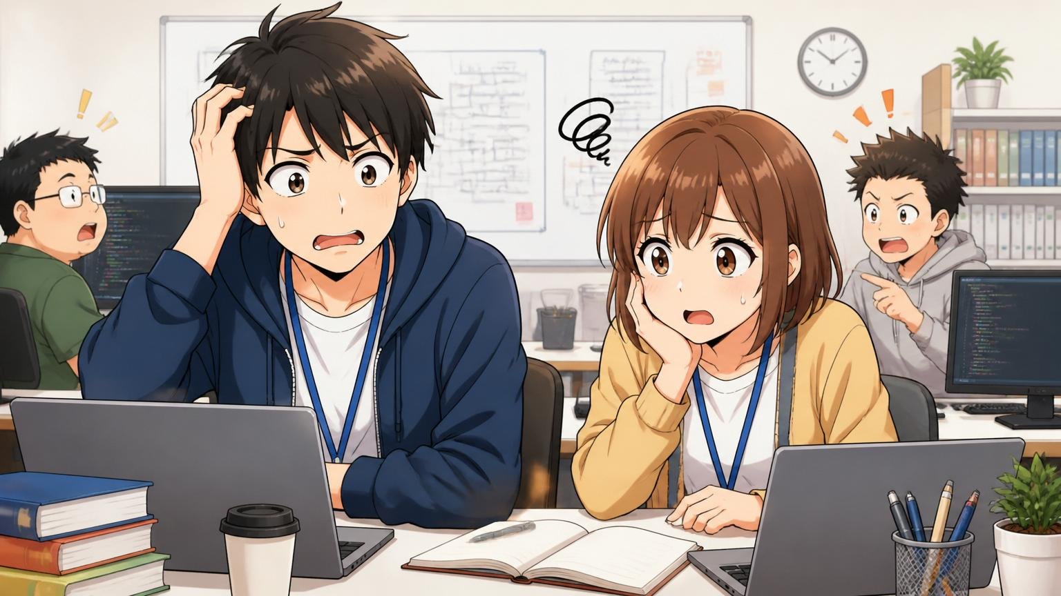 人材の長期育成スコアの意味｜Web系IT企業の研修ルームで戸惑う表情の若手男女エンジニア2名