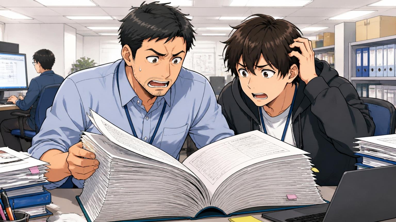 SIerのオフィスで分厚い業務手順書を眺める30代男性エンジニア1名と20代男性エンジニア1名、困惑した表情