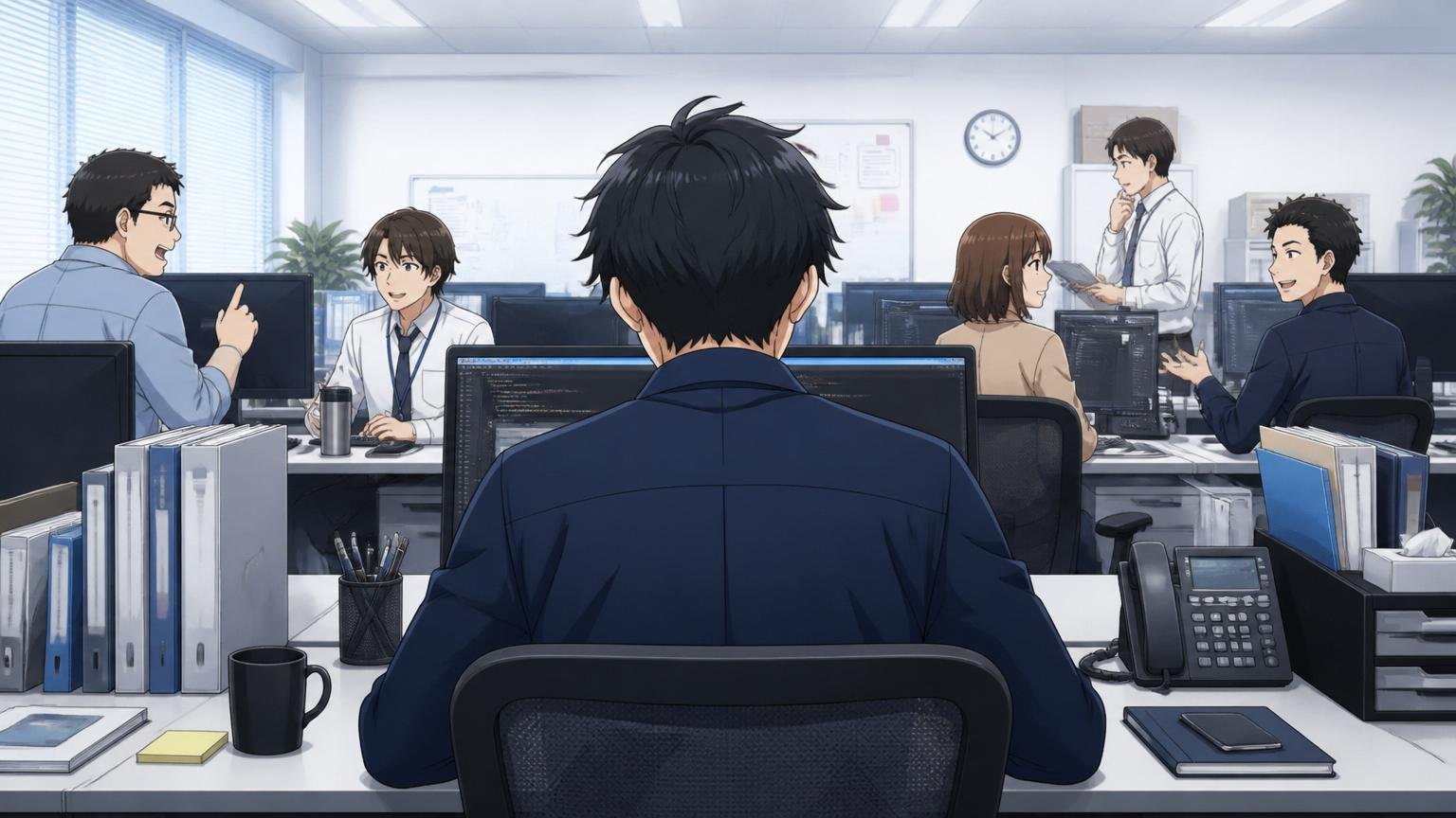 客先常駐のオフィスで他社の社員に囲まれて孤独に作業する20代後半男性エンジニアの後ろ姿