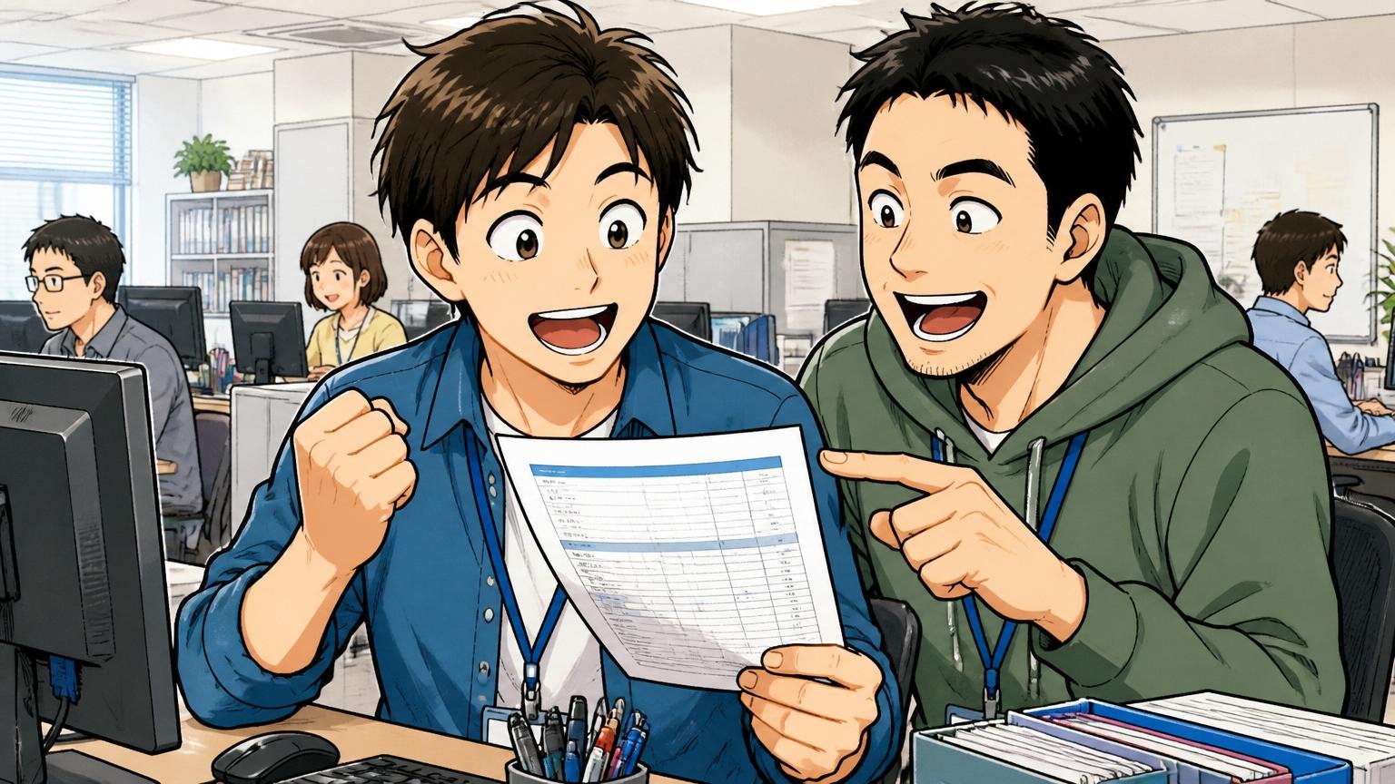SIerのオフィスで給与明細を確認しながら同僚と安心した表情で会話するエンジニア2名