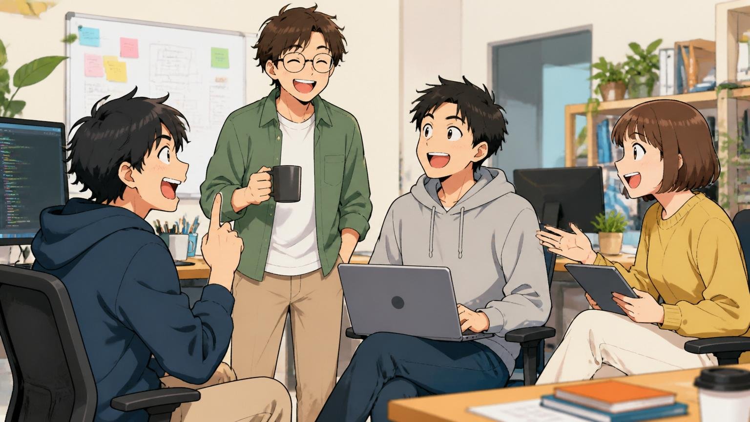 Web系スタートアップのオフィスでカジュアルに談笑する4人の若手エンジニア