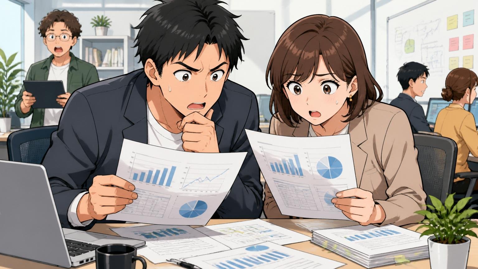 Web系企業のオフィスで男女ビジネスパーソン2人が通期決算資料を真剣に読み込んでいる