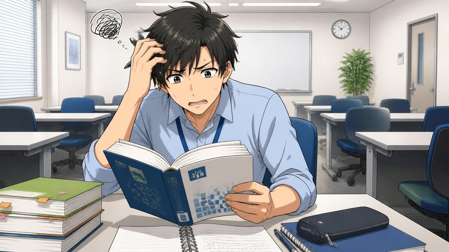 SIerの研修室で20代の若手エンジニアが独学の参考書を開き周囲にメンターが不在で困り顔をしている