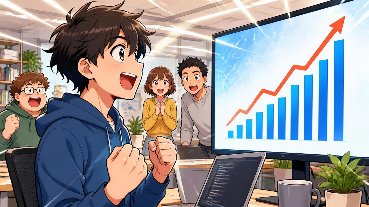 セキュリティ市場全体が伸びている将来性。Web系スタートアップのオフィスで若手エンジニアが右肩上がりの市場グラフを見て目を輝かせる