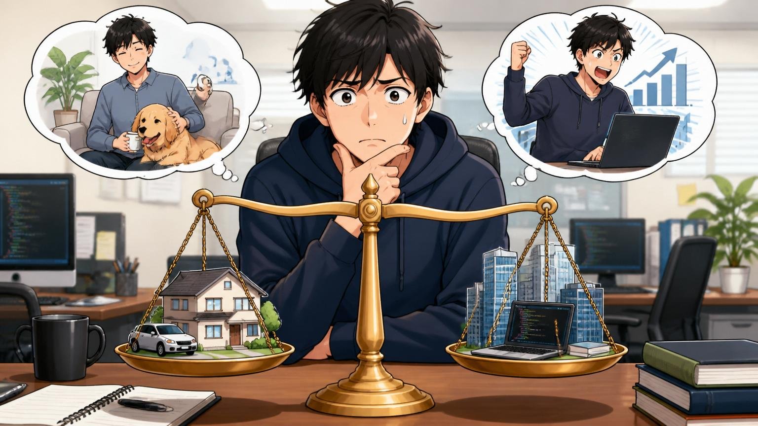 安定と市場価値のトレードオフ|オフィスのデスク|エンジニア1人|天秤のイメージを前に迷う表情