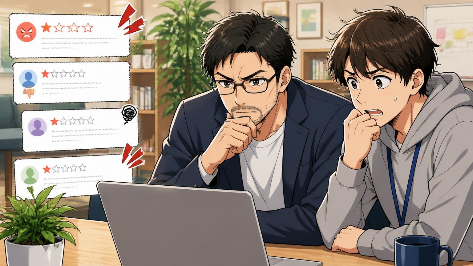 口コミサイトの強い言葉を前に冷静に分析するメンターと不安げな若手。IT企業の相談スペースでの場面