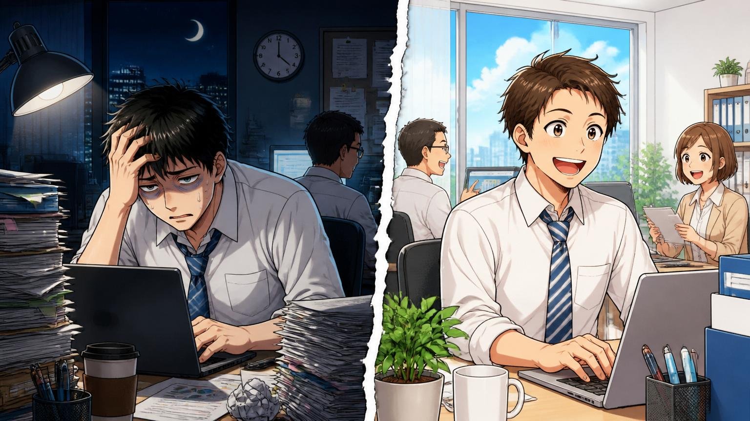 激務は本当か。深夜の暗いオフィスで疲れた表情の人物と、明るい昼のオフィスで笑顔で働く人物を左右に対比させた構図