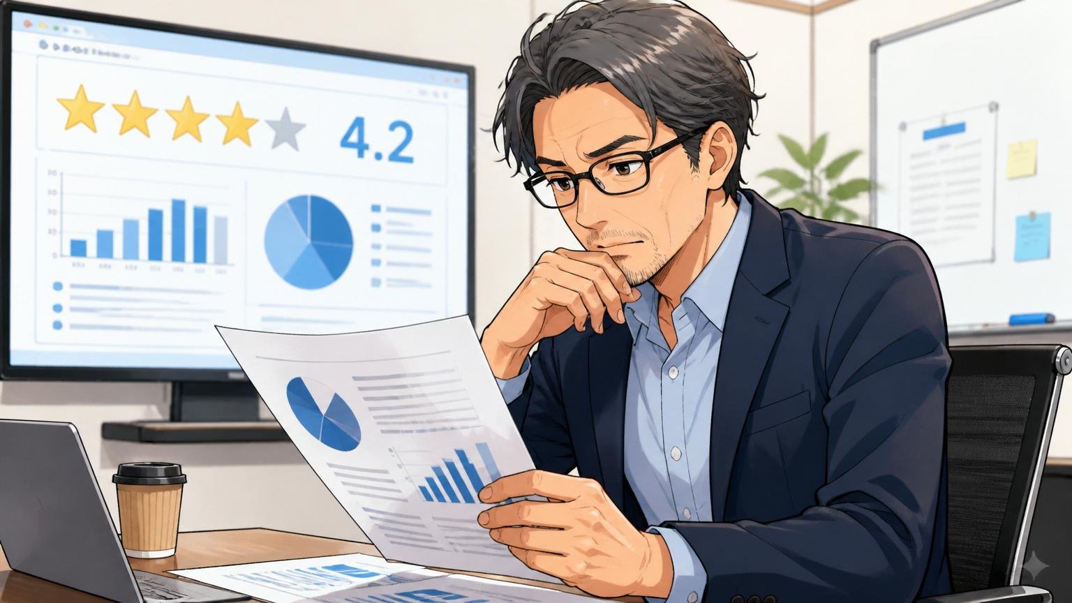 口コミ評価スコアを冷静に分析するエンジニア 企業の会議室で評価点の資料を見るメンター風の40代男性1人