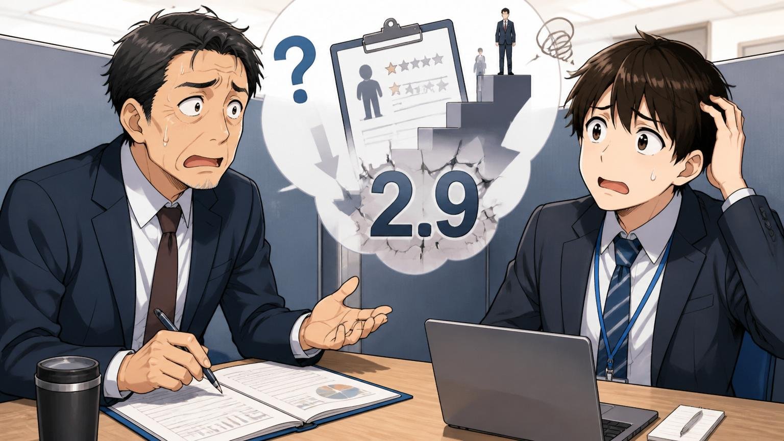 評価制度の不透明感と待遇満足度2.9の壁。SIerの面談ブースで上司と若手社員1名が評価面談で困惑表情を浮かべる場面