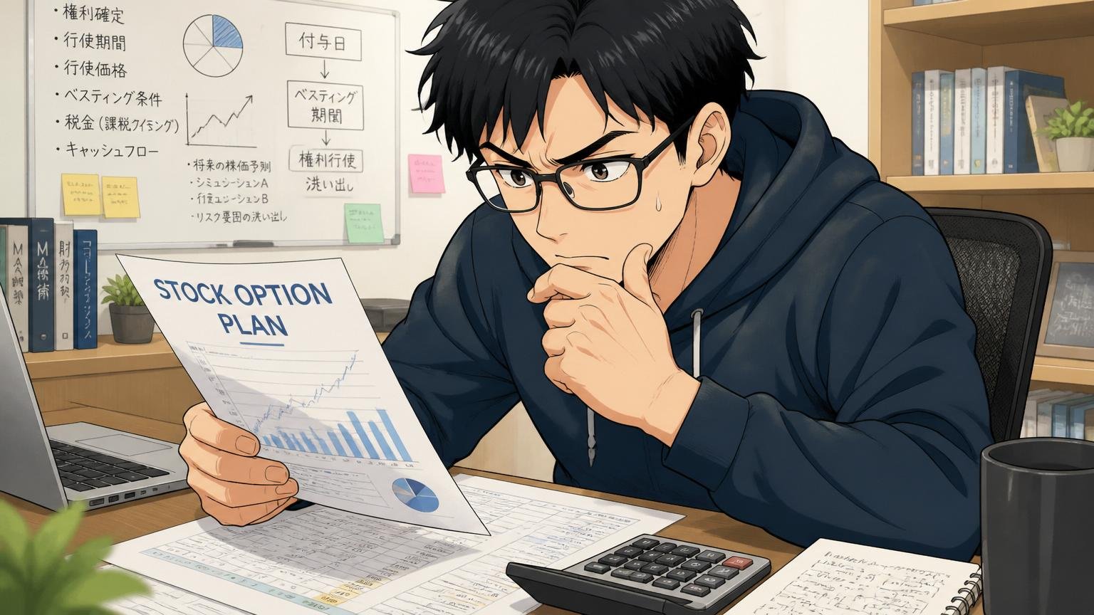 自宅のデスクでストックオプション資料を前に電卓と試算表を見比べる30代エンジニアが慎重に検討する表情