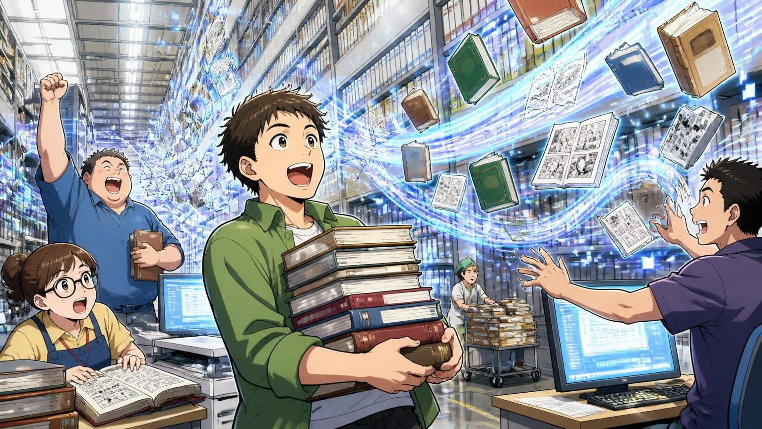 出版社の書庫で大量の書籍データが流通する様子を象徴的に表現するシーン