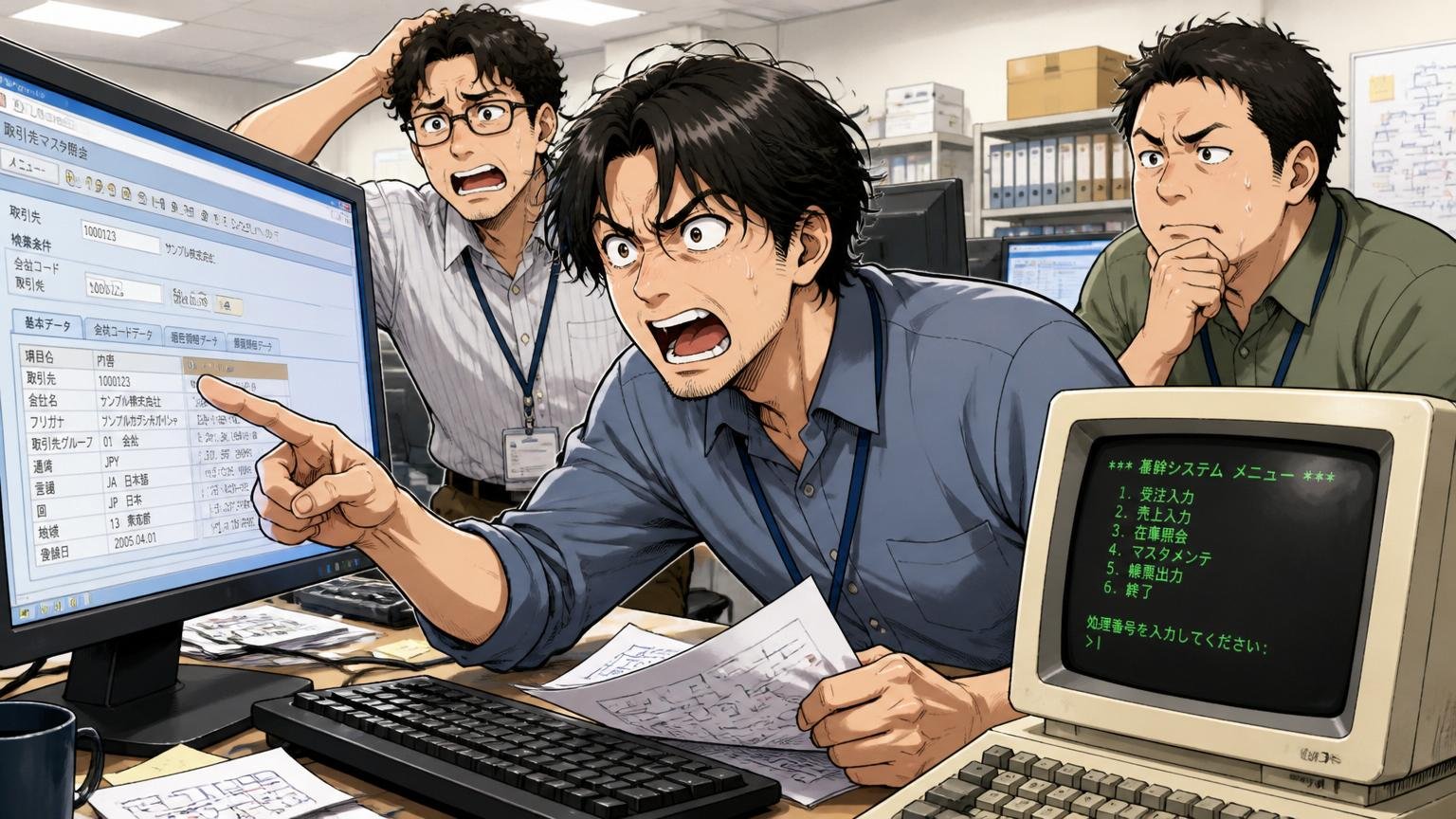 やばい④技術スタックと成長環境はSAP基幹系中心、SIerの開発現場でSAP画面と古いシステム端末を見る30代男性エンジニア複数3人