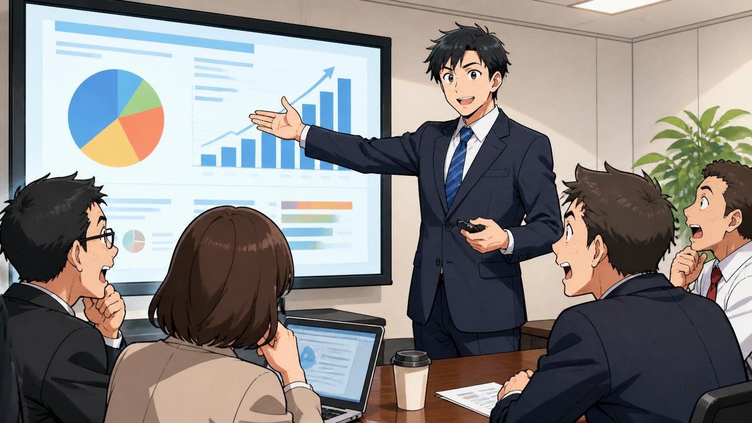 顧客先でプレゼンするエンジニア。企業の会議室で面接ではなく顧客提案、30代男性1人がスーツ姿でスライドを説明