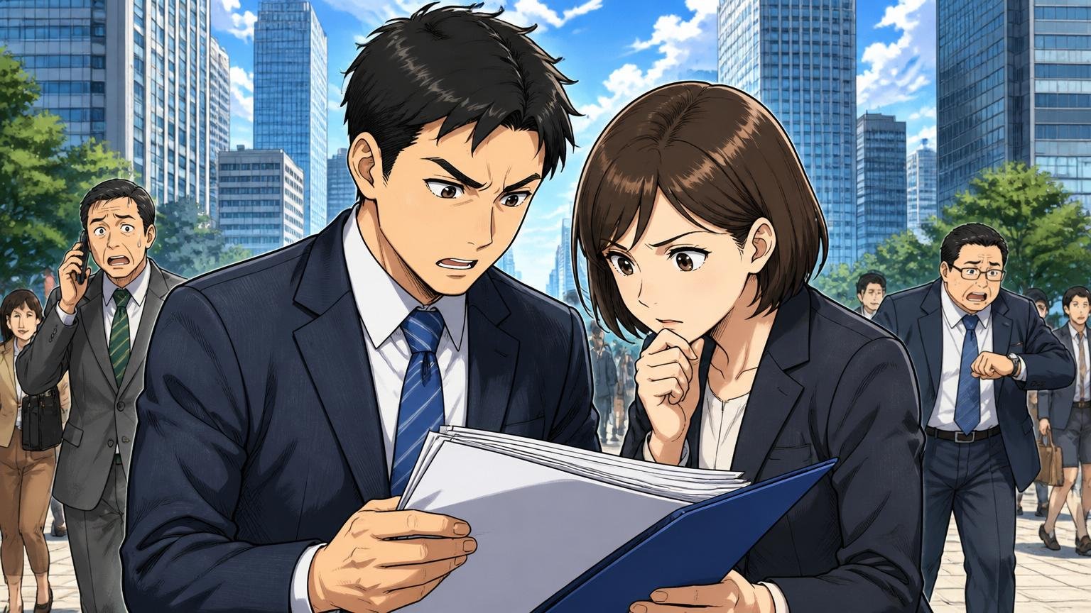 東京の高層ビル群を背景にスーツ姿の男女が真剣な表情で書類を確認する場面