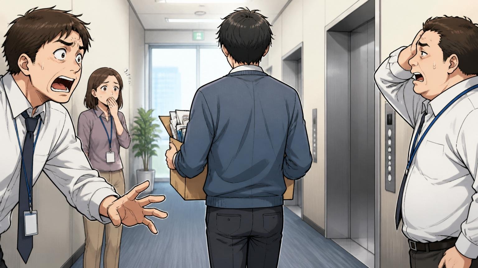 優秀な人が辞めていく？離職傾向を読み解く。場所=SIerのオフィスのエレベーターホール。登場人物=1人のエンジニア。動作=段ボール箱を抱えて去っていく後ろ姿