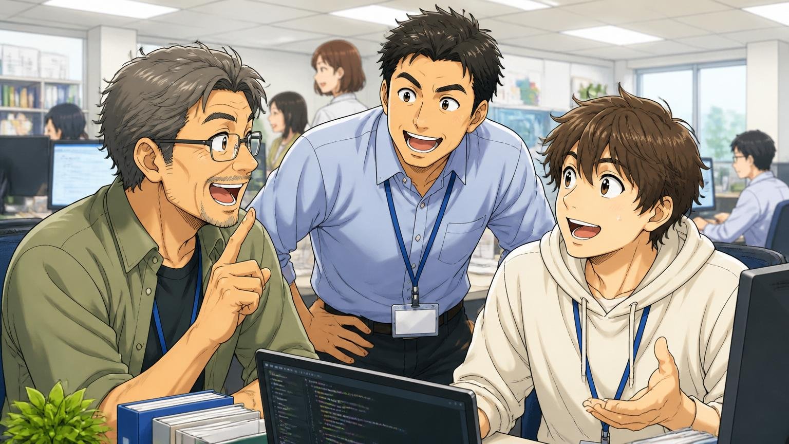 企業のオフィスでベテラン中堅若手が和やかに会話する3世代のエンジニア3人