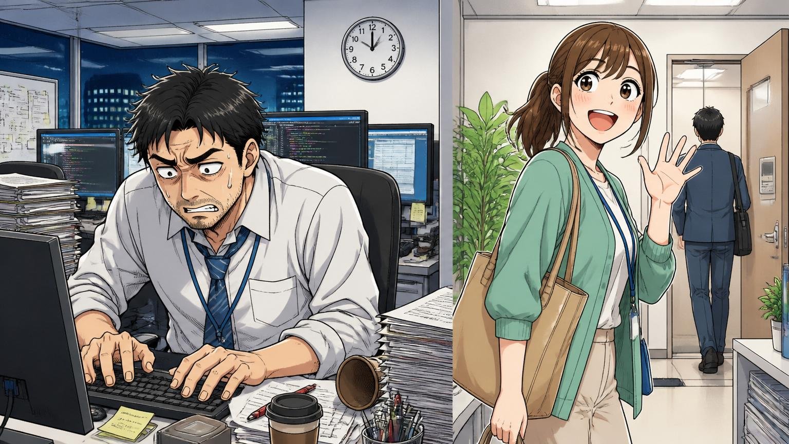 部署ガチャ残業0時間〜100時間越えまで個人差が激しい｜SIerの開発現場で深夜まで残業する30代男性エンジニアと早く帰る20代女性エンジニア