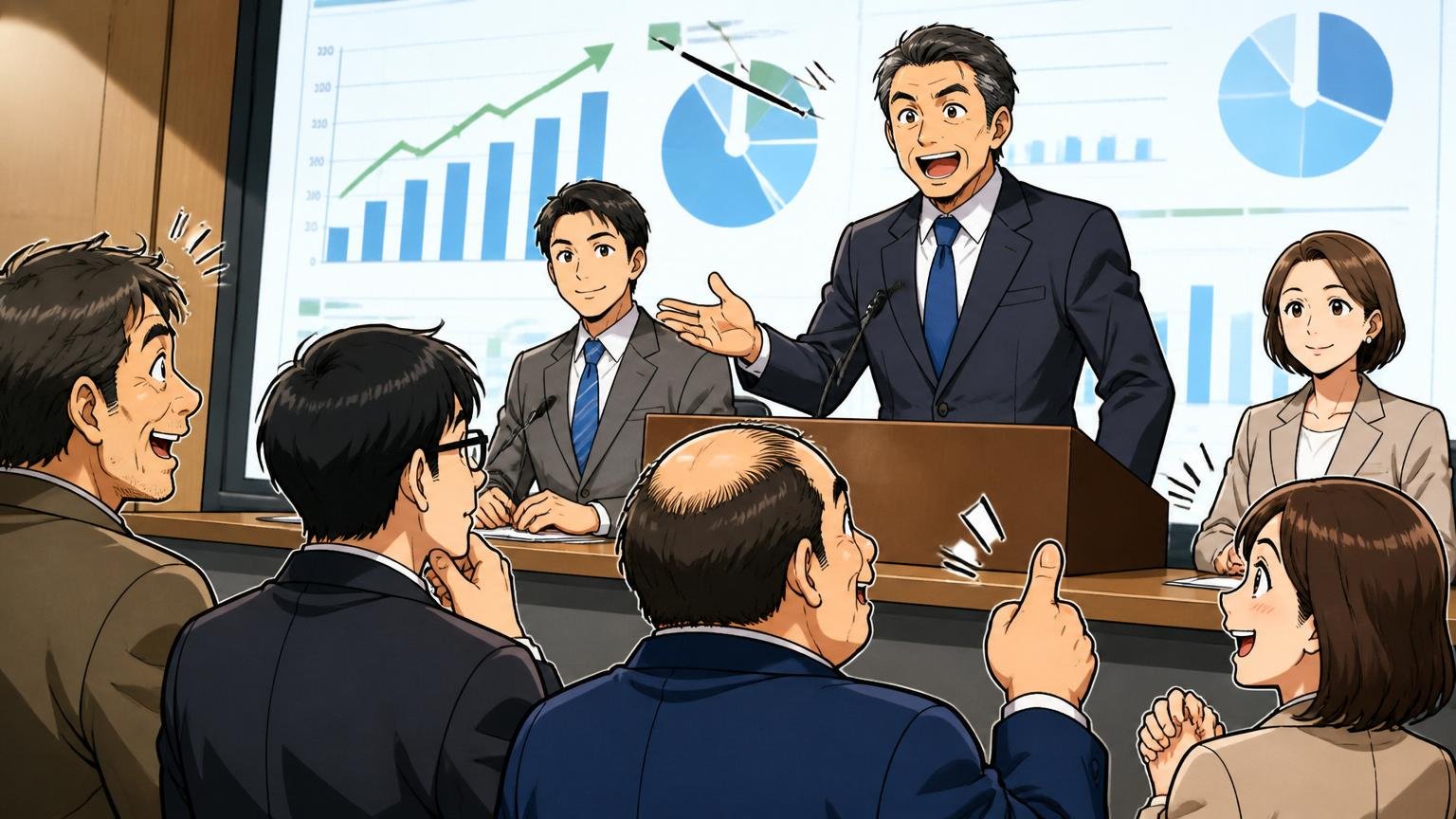 安定した業績を示す決算発表会場。投資家向け説明会の会場で経営陣が登壇、聴衆3〜4人が頷く表情