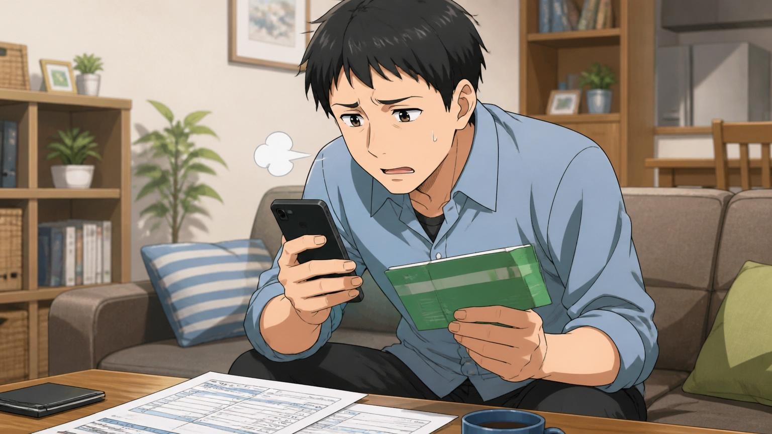 給与の伸びが鈍く昇進連動が前提／自宅のリビングで給与明細を見る／30代男性1人／スマホと通帳を見比べてため息