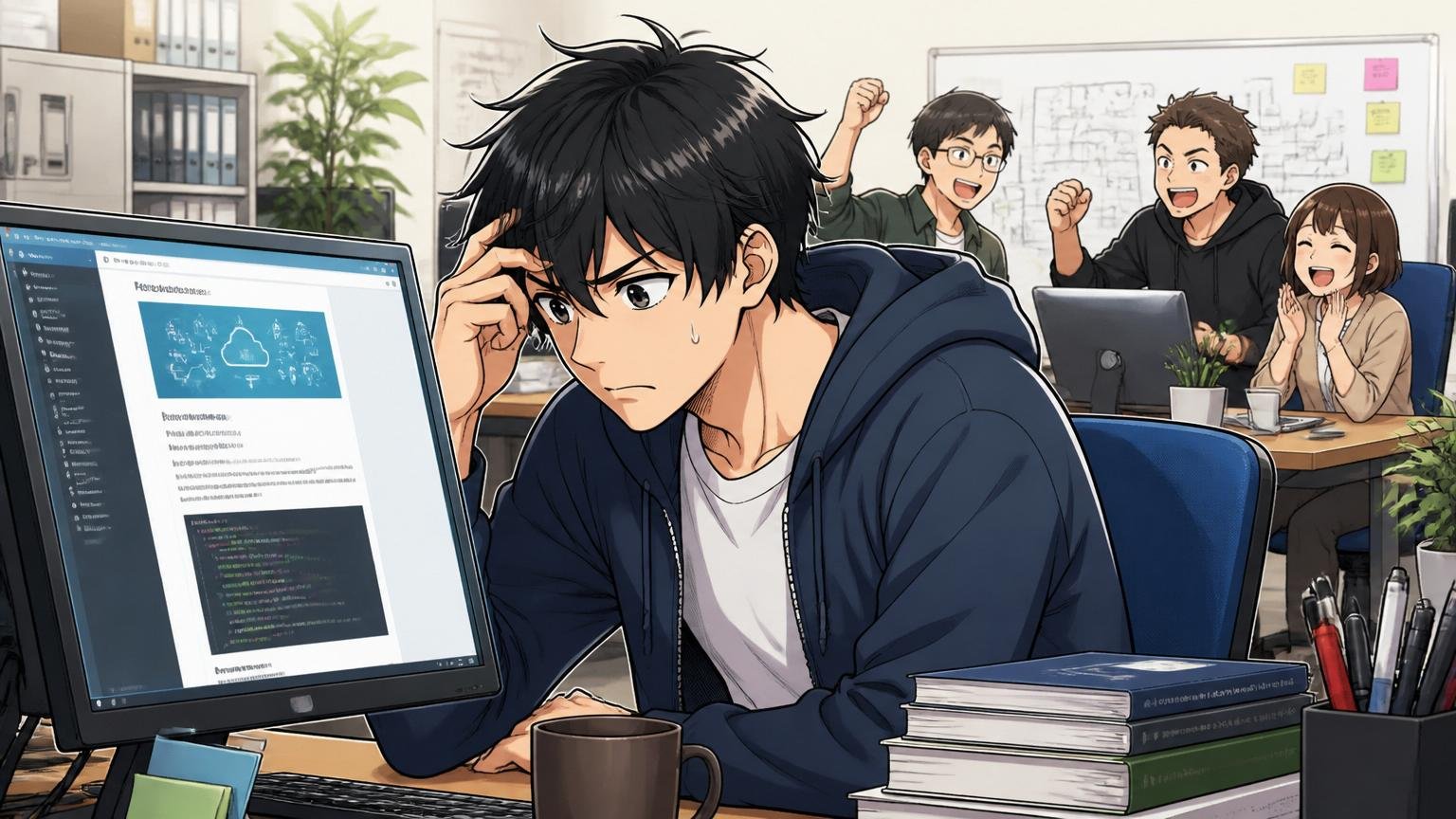 Web系スタートアップを羨望する20代エンジニア1人、自席で技術記事を読んで悩む表情