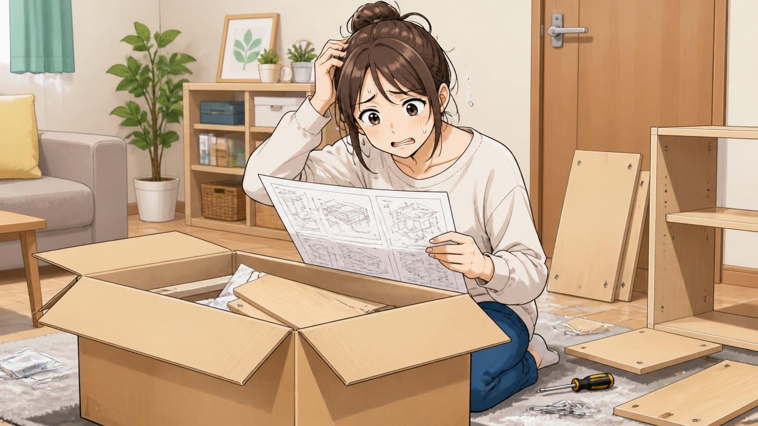 自宅の部屋で20代女性が大きな段ボールを開けて家具の組み立て説明書を見ながら困った表情をしている