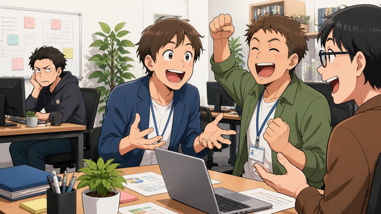 Web系スタートアップのオフィスで楽しそうに話す営業3人を、離れた席のエンジニア1人が冷めた目で見ている