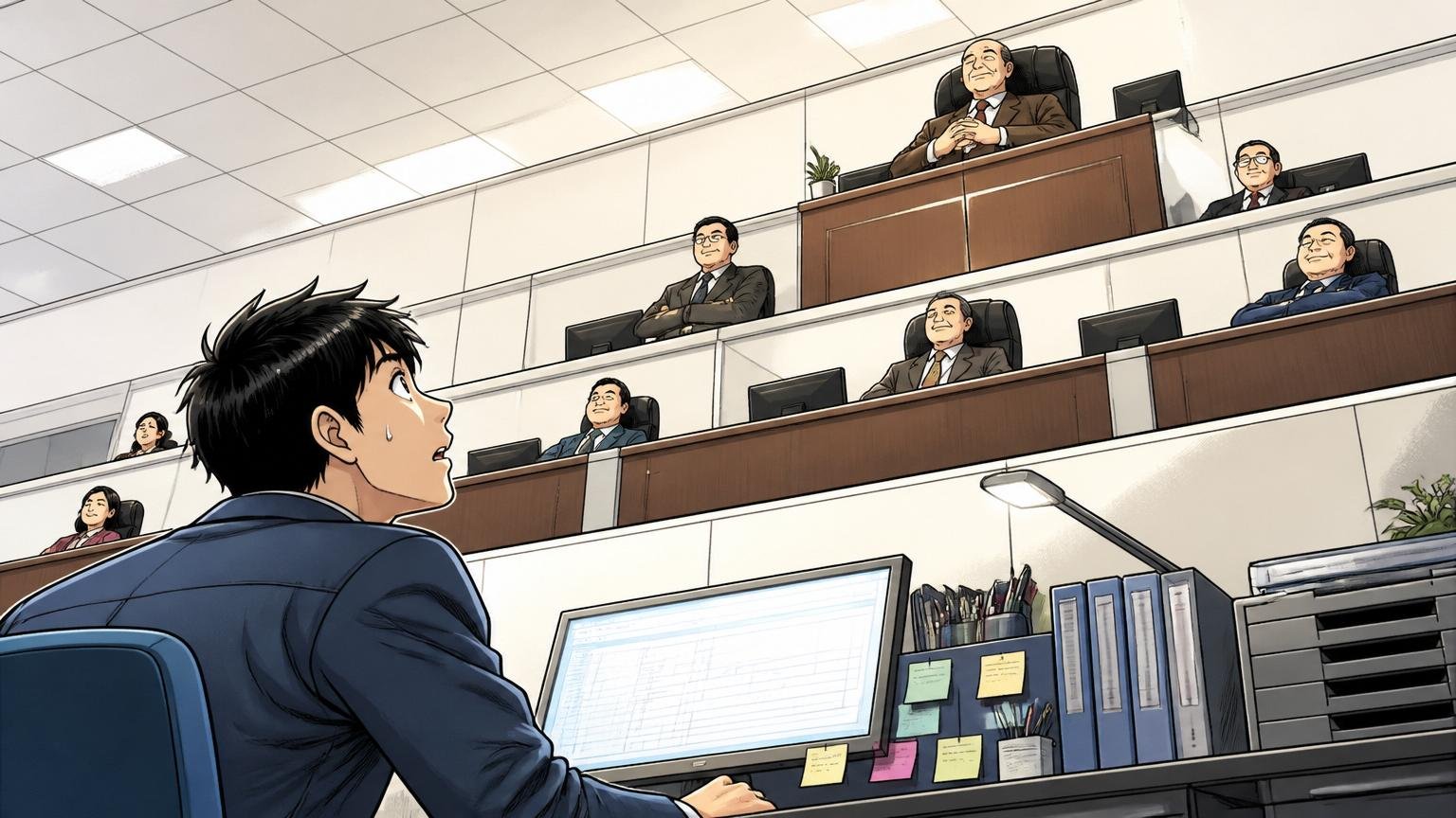 出世天井で親会社からの出向ポストに埋まる構造／企業のオフィスで管理職席を見上げる中堅エンジニア男性1人