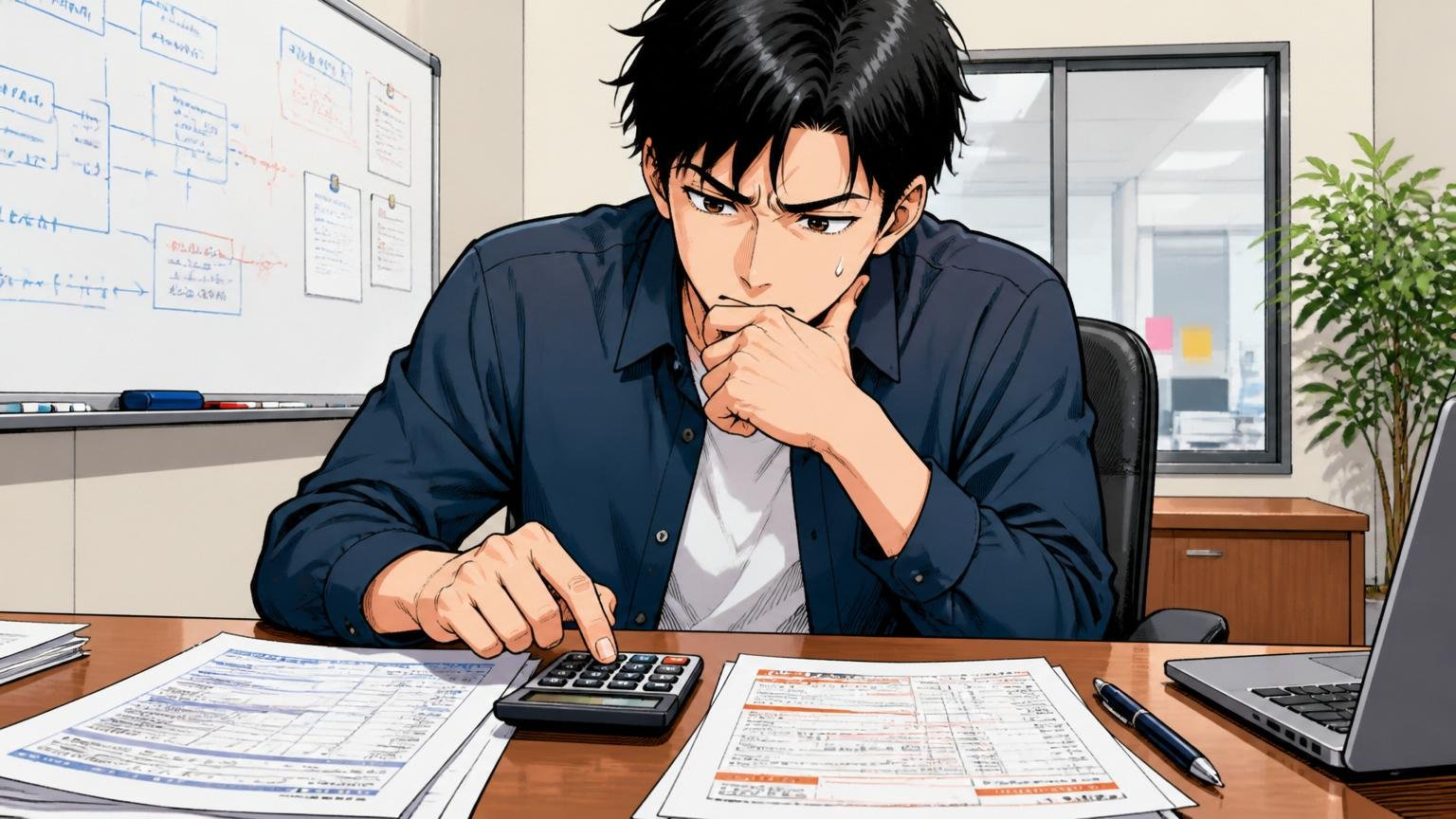 企業の会議室で給与明細と求人票を並べて電卓をたたきながら考え込む30代男性エンジニア