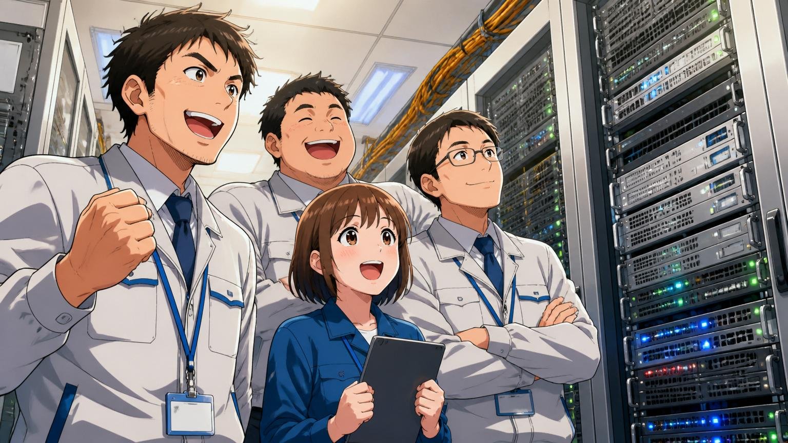 通信インフラ社会貢献性。大手通信事業者の機械室で複数のエンジニアが基地局制御装置を見守る誇らしげな表情