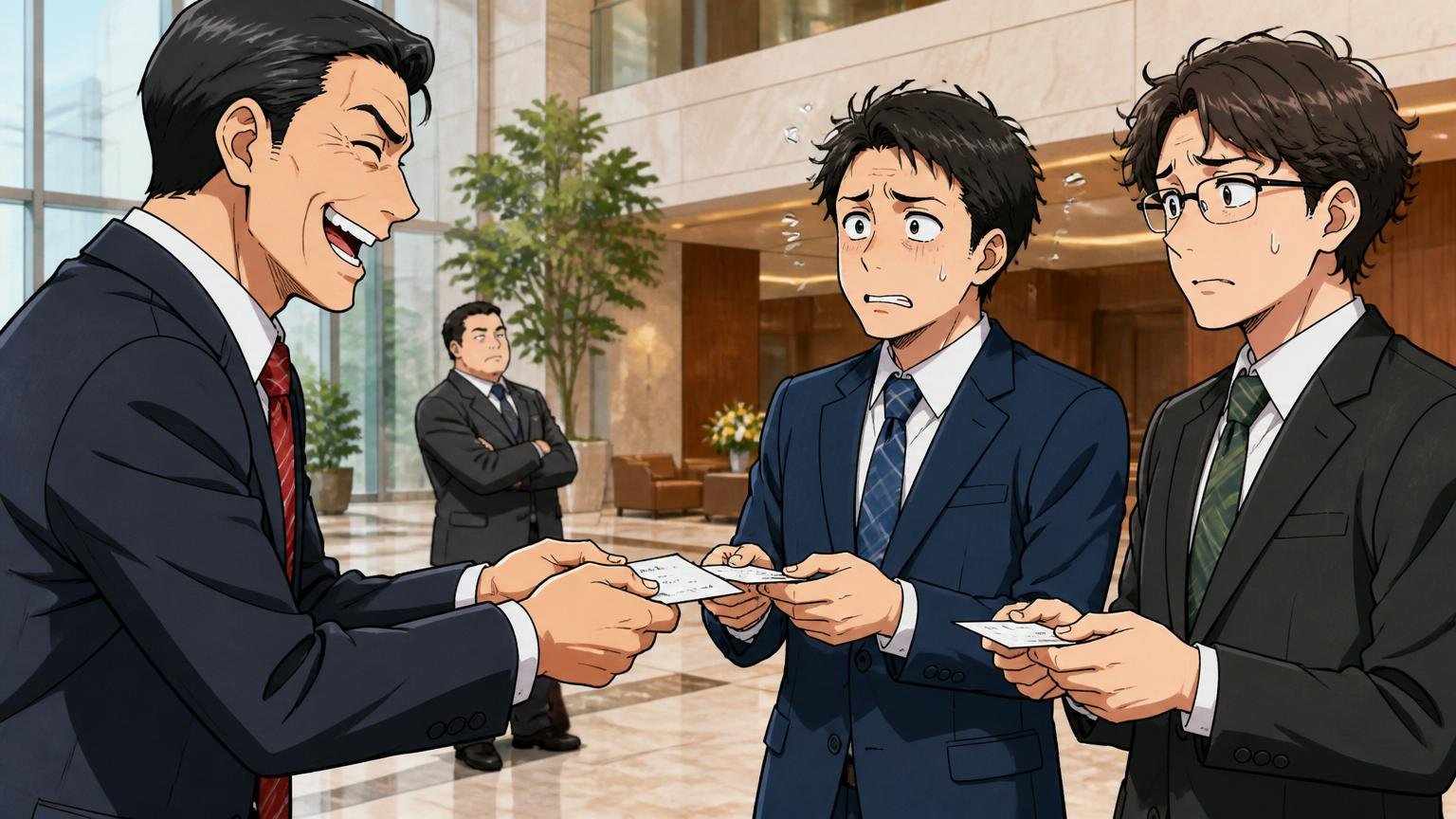 金融グループの本社ロビーで親会社社員と子会社社員2人が名刺交換しながら表情に温度差が出るシーン