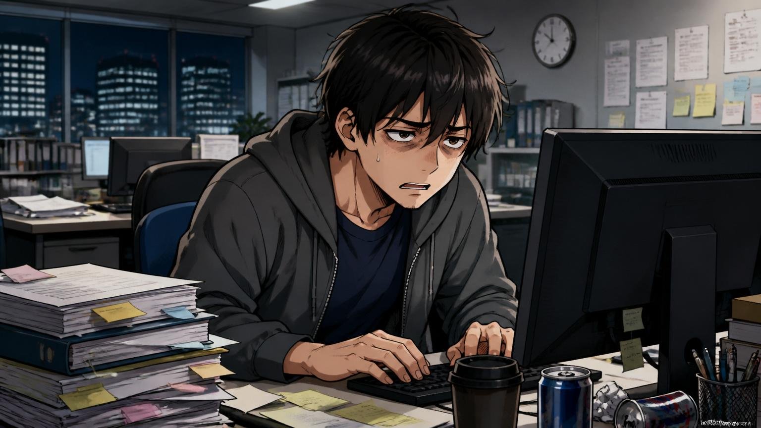 残業や持ち帰り仕事という時給換算の問題。深夜のオフィスで20代男性エンジニアが疲れた表情でPCに向かう
