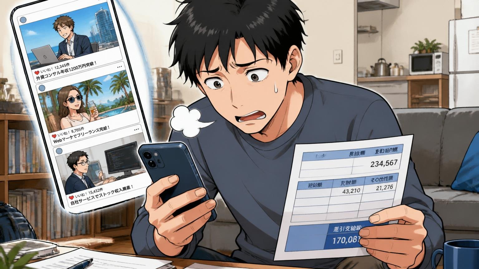 比較対象がWeb系や外資になっている。スマホのSNSと自分の給与明細を見比べてため息をつく男性1人