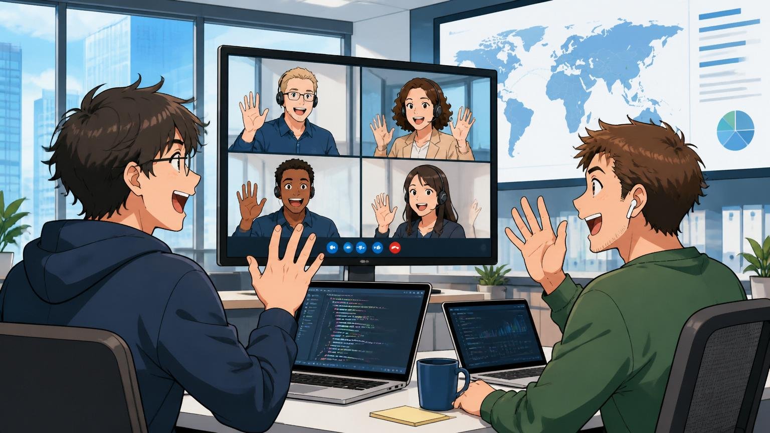 外資企業やスタートアップへのキャリアチェンジ、グローバル企業のオフィスでビデオ会議に参加するエンジニア2人、英語のスライドが背景に表示されている