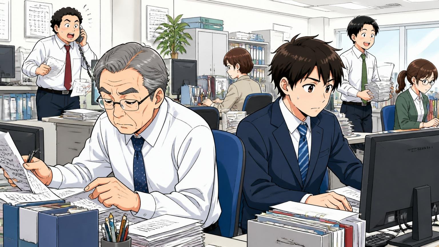 オフィスのデスクで黙々と業務を続けるベテラン社員と若手社員が混在する企業のフロア